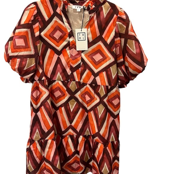 THML Tanya Rust Patterned Puff Sleeve Mini Dress size S - Picture 4 of 8